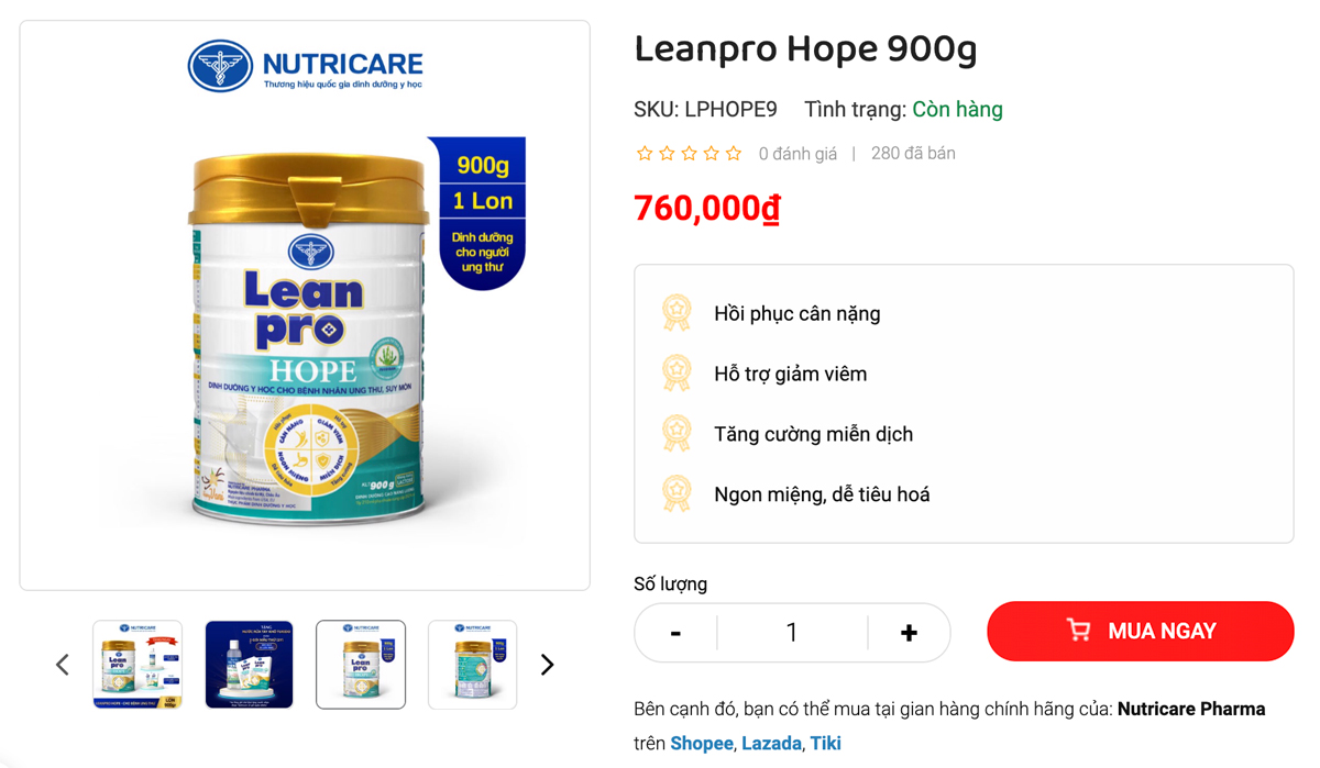 Mua sữa Leanpro Hope chính hãng tại trang web chính của Nutricare
