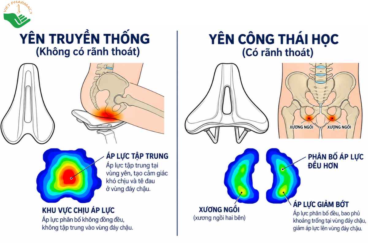 Nên ưu tiên các loại yên xe không mũi hoặc có phần khoét rãnh ở giữa, giúp giảm bớt diện tích tiếp xúc trực tiếp lên vùng đáy chậu.